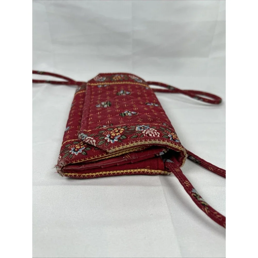 Vtg Vera Bradley Red Floral Paisley Trifold Wallet Strap Multi Pockets Quilted